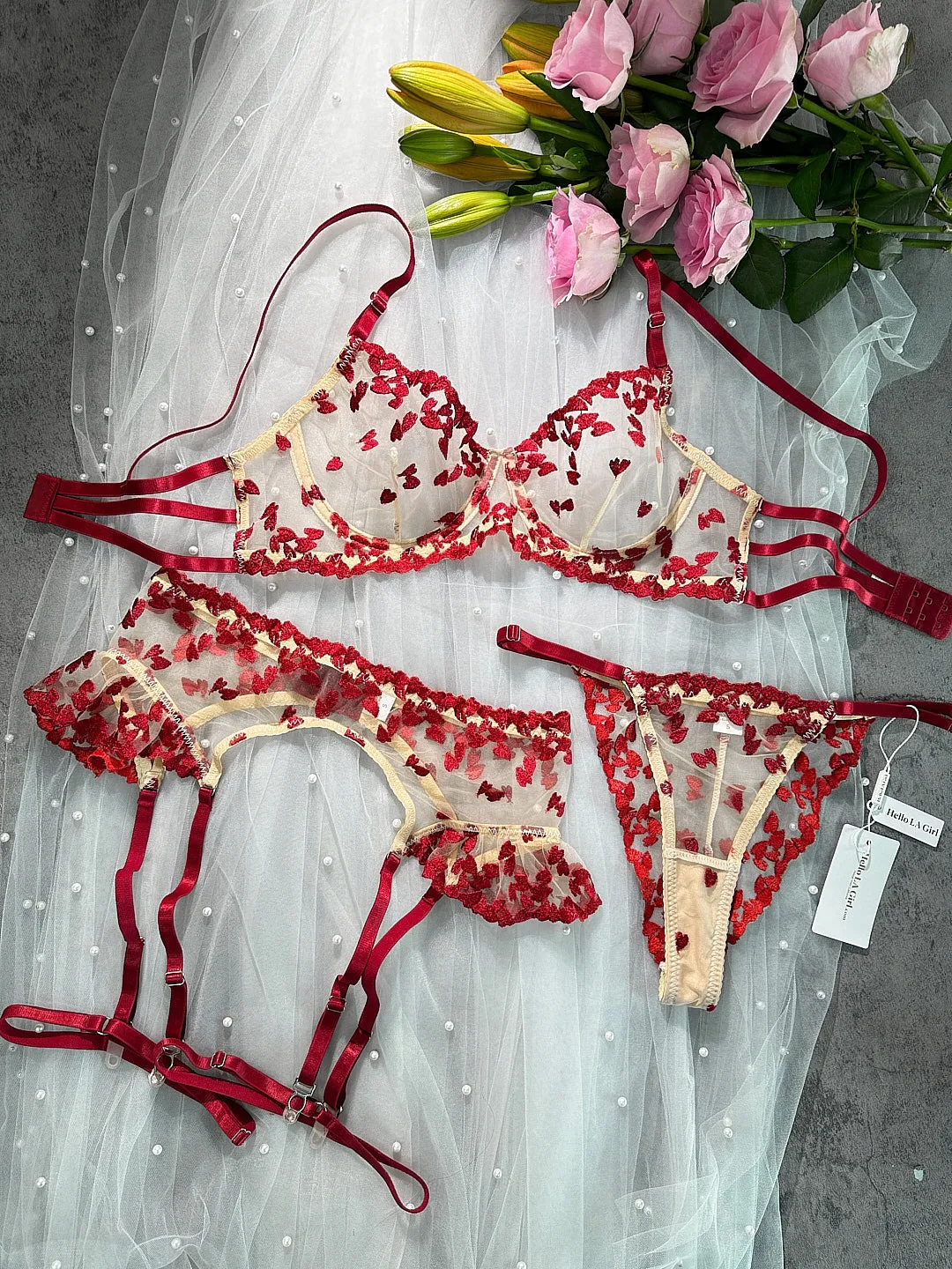 Romantic Red Heart Embroidered See-through Lingerie