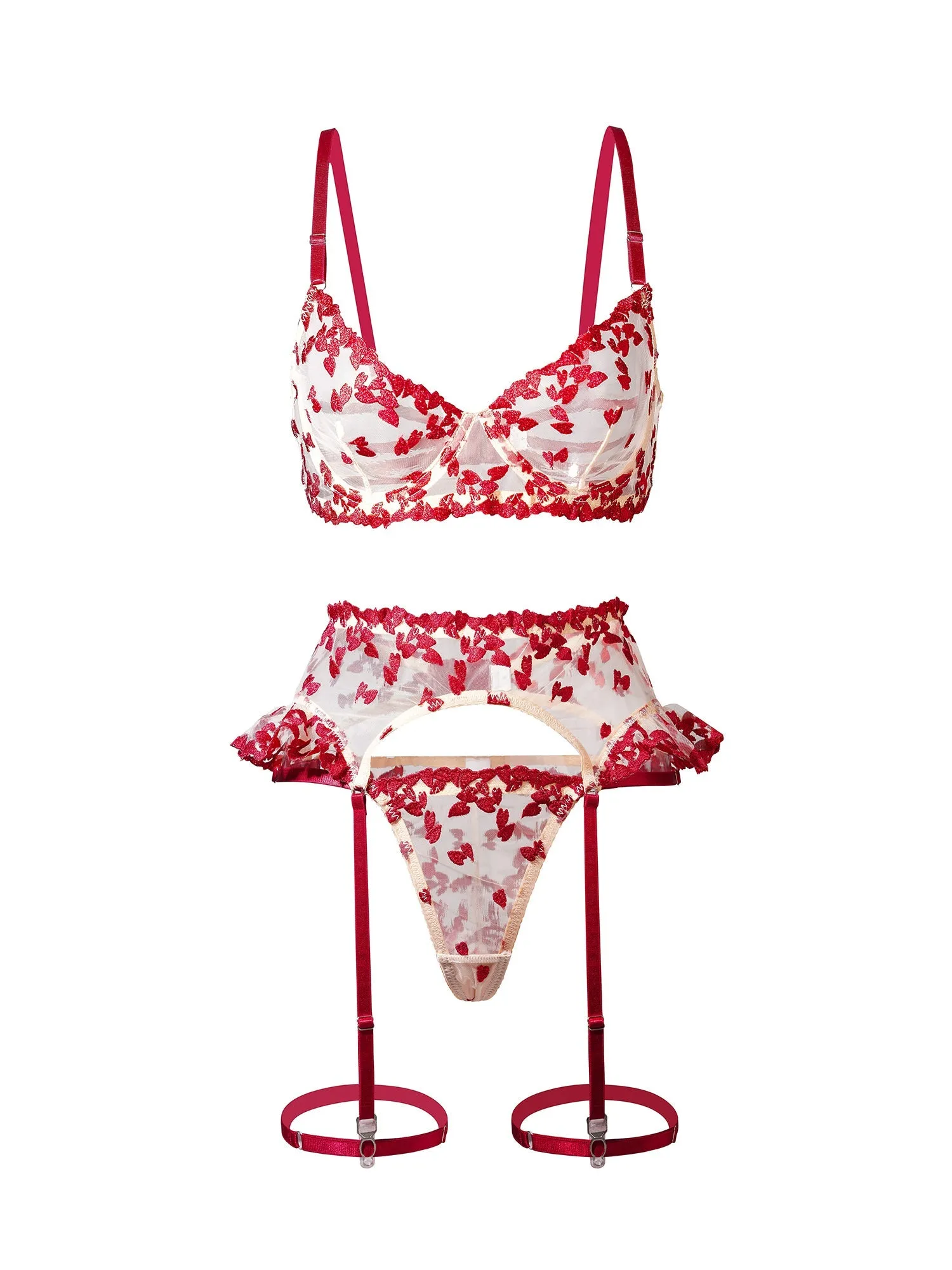 Romantic Red Heart Embroidered See-through Lingerie