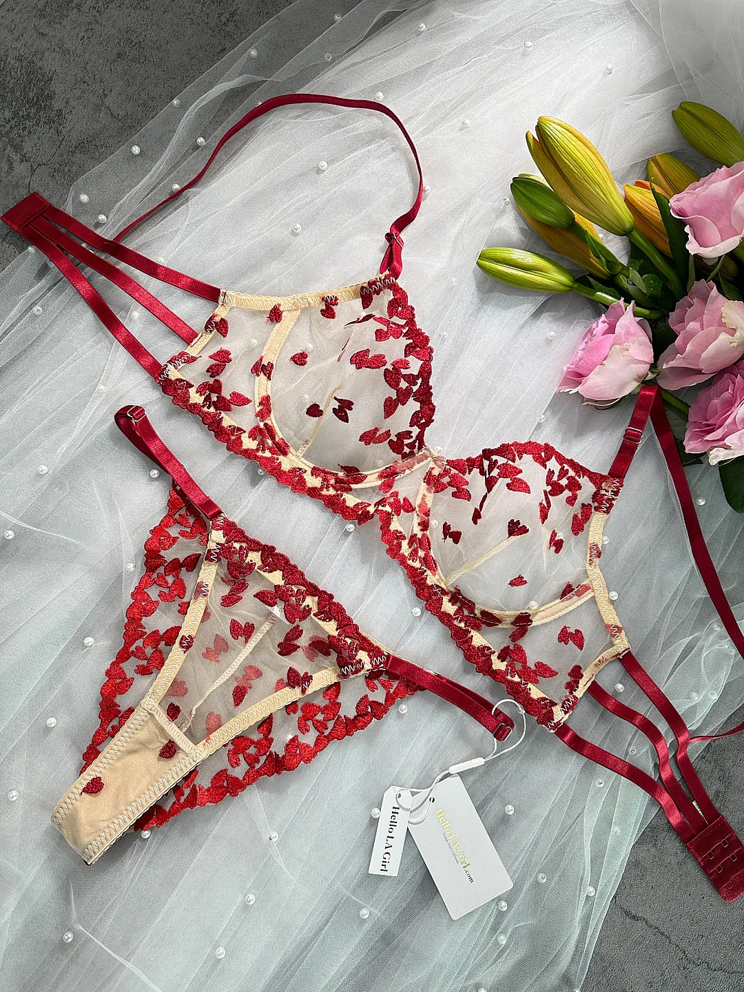 Romantic Red Heart Embroidered See-through Lingerie
