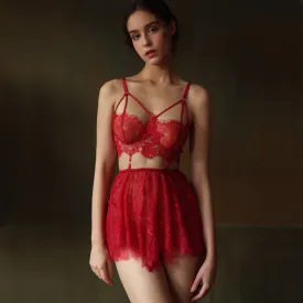 Scarlet Elegance Lace Bralette and Skirt Set