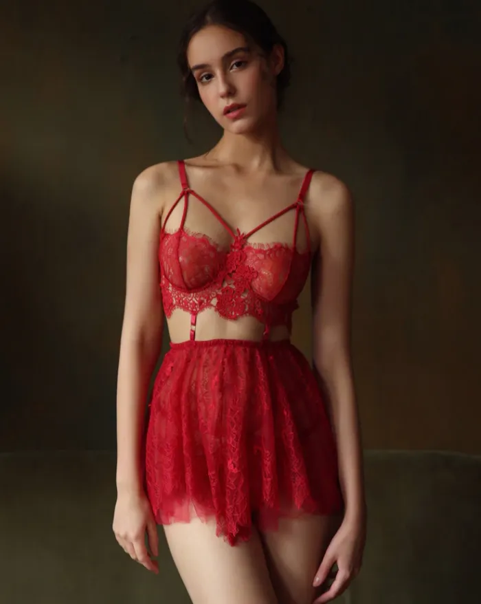 Scarlet Elegance Lace Bralette and Skirt Set