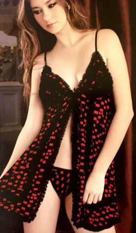 Sexy Black & Red Print Net Lace Short Nighty with Panty