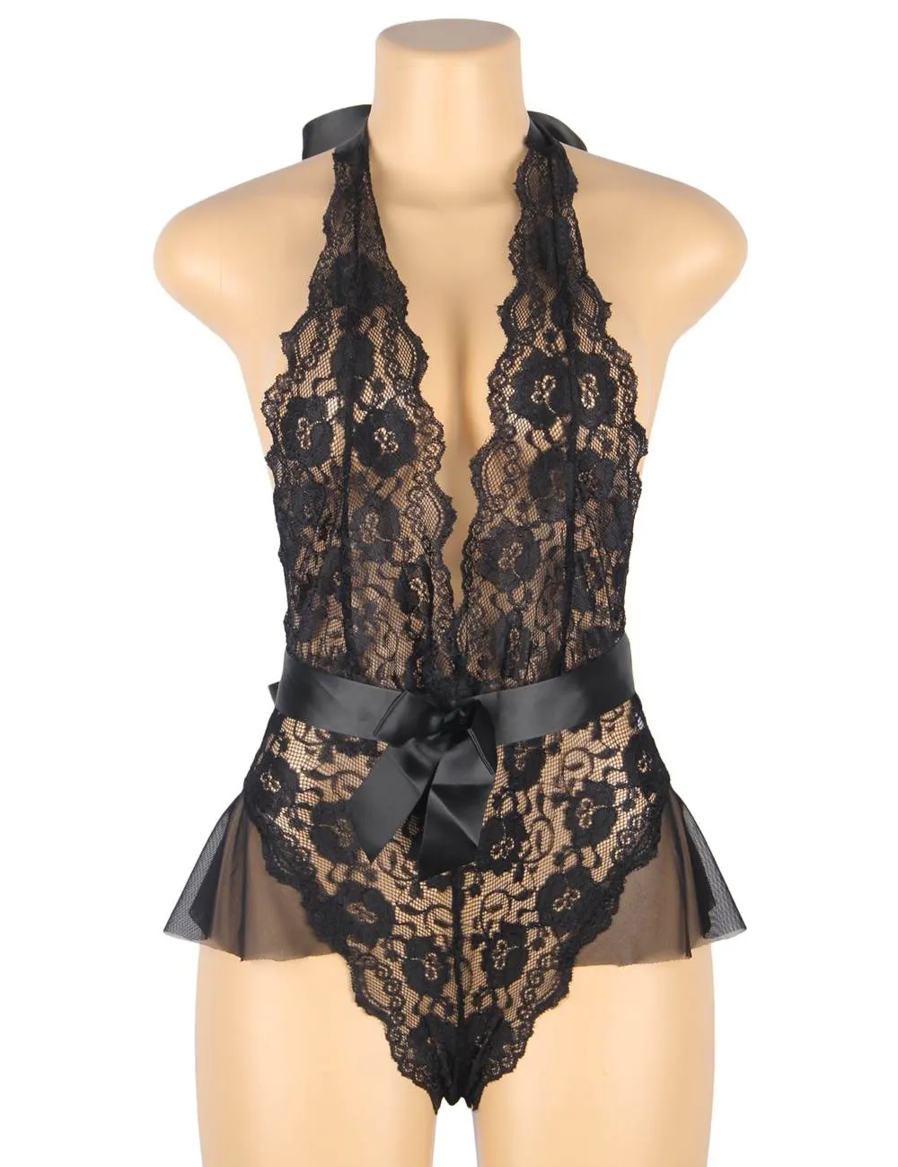 Sexy Red Halter V Neckline Ruffle Teddy with a belt - Black