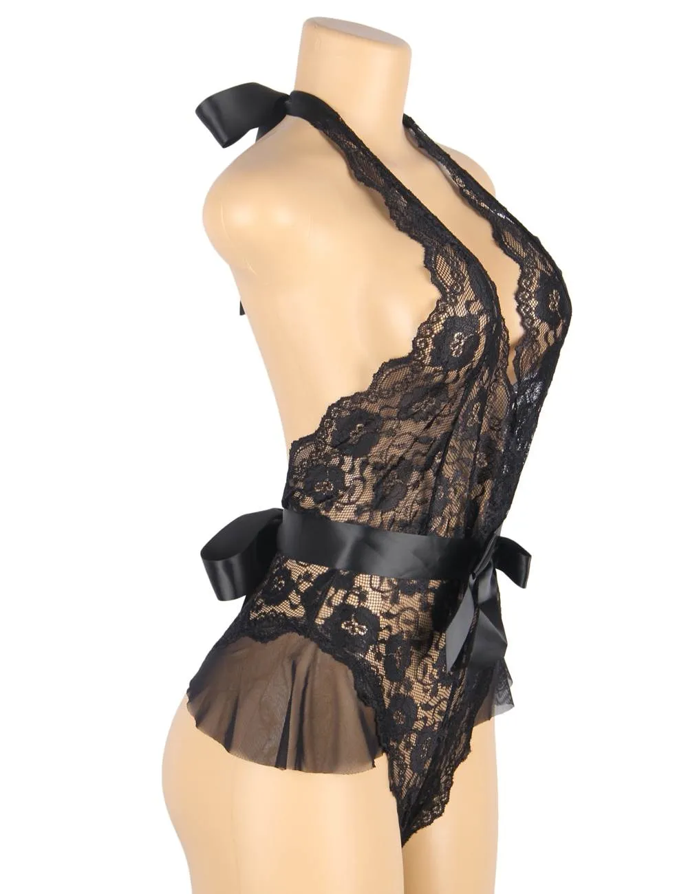 Sexy Red Halter V Neckline Ruffle Teddy with a belt - Black