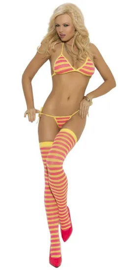Sexy Trance Striped String Bra, Thong and Stockings