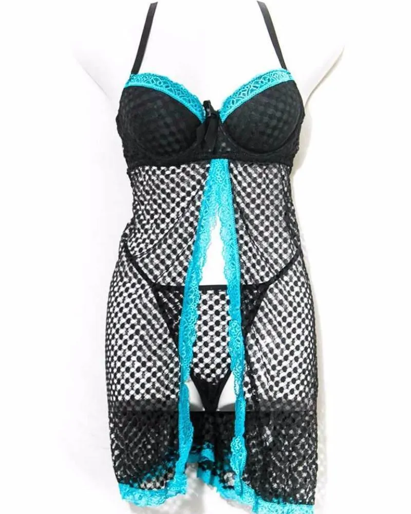 Short Padded Nighty With Bra Black & Blue