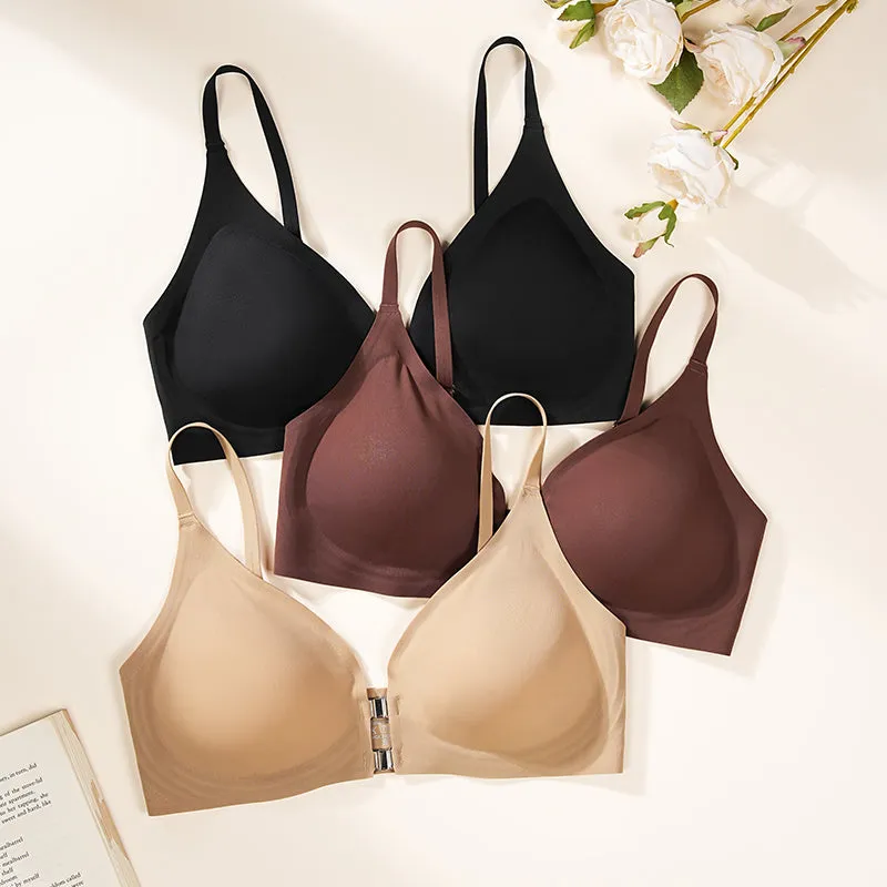 Solid Double Front Closures Wireless Bra Brown