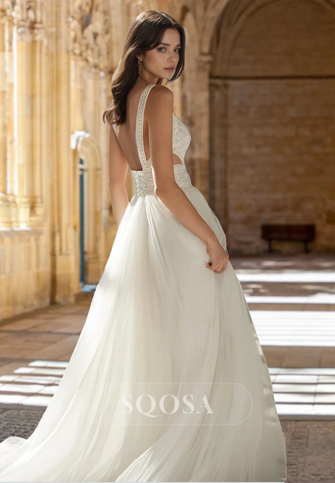 Spaghetti Straps Deep V-Neck Tulle A-Line Wedding Dress Beaded Lace Applique Cutout Bride Gowns