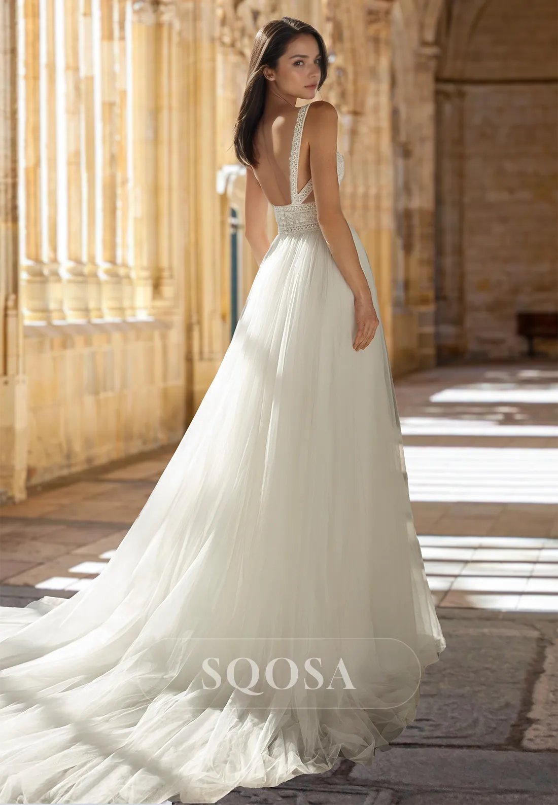 Spaghetti Straps Deep V-Neck Tulle A-Line Wedding Dress Beaded Lace Applique Cutout Bride Gowns