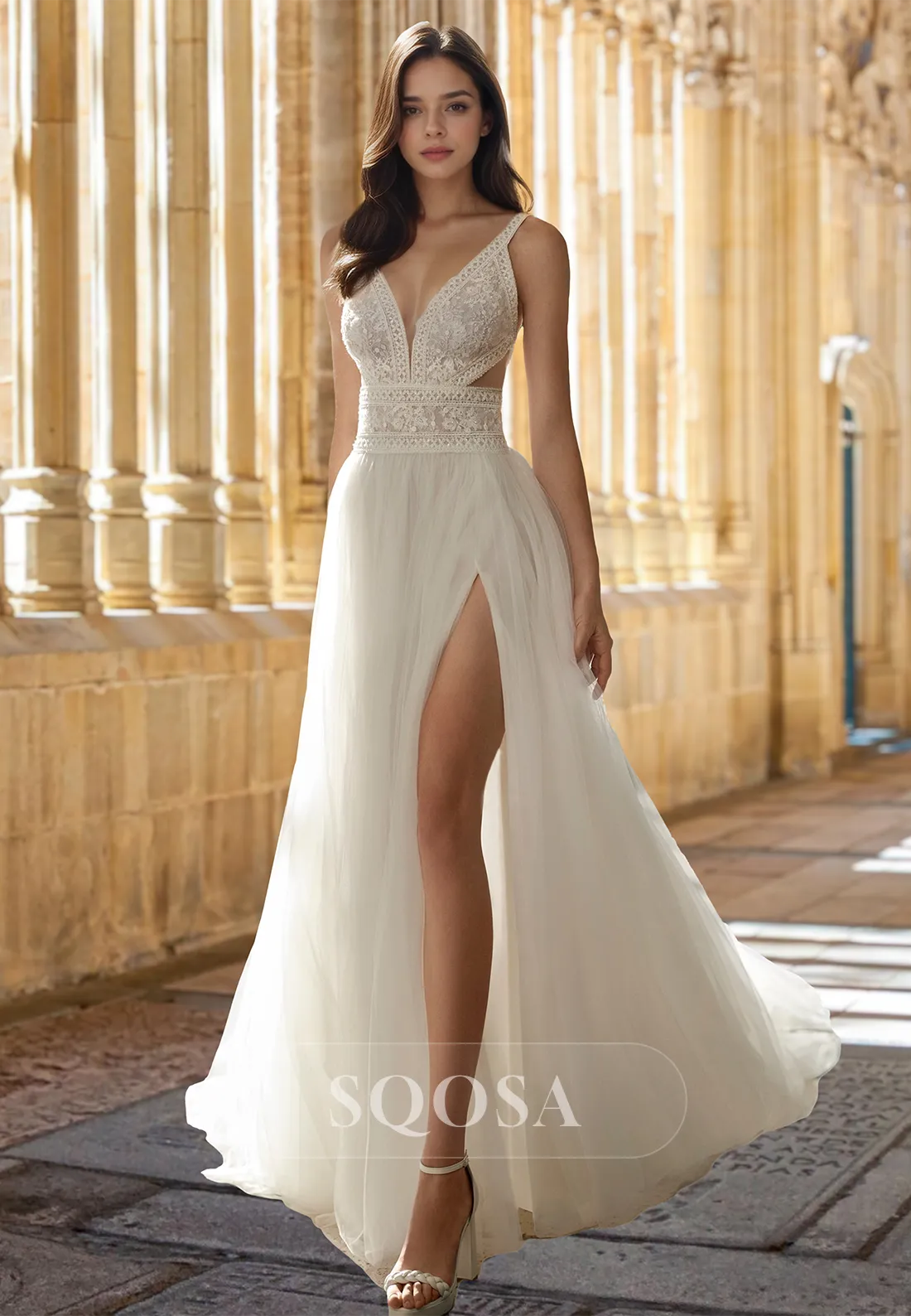 Spaghetti Straps Deep V-Neck Tulle A-Line Wedding Dress Beaded Lace Applique Cutout Bride Gowns