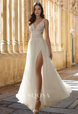 Spaghetti Straps Deep V-Neck Tulle A-Line Wedding Dress Beaded Lace Applique Cutout Bride Gowns