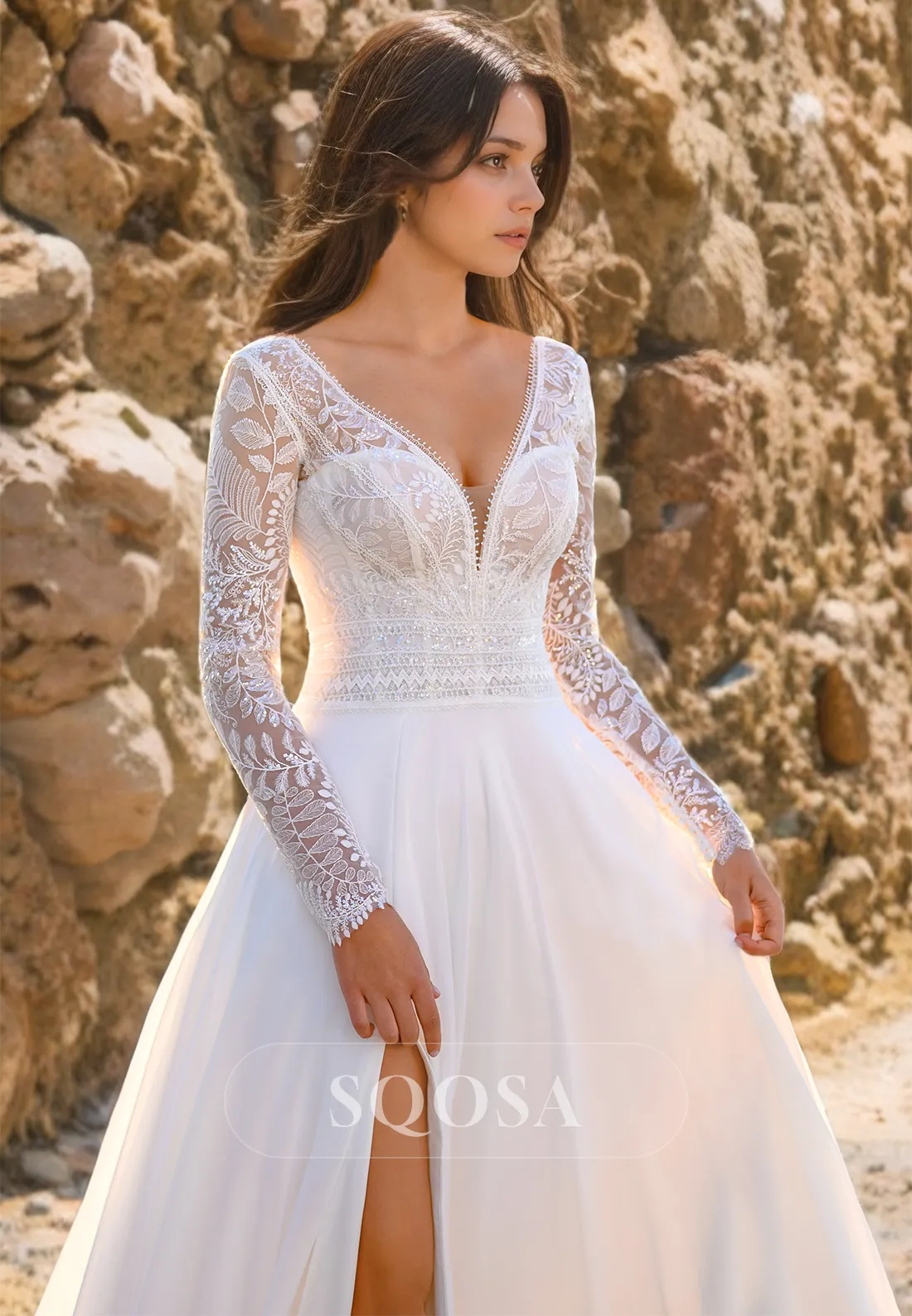 V-Neck Long Sleeves A-Line Dress Blouson Lace Wedding Dress Slit with Sweep Train