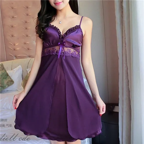 VenusFox Deep V Neck Satin Nightgown Sexy Lace Sleepwear