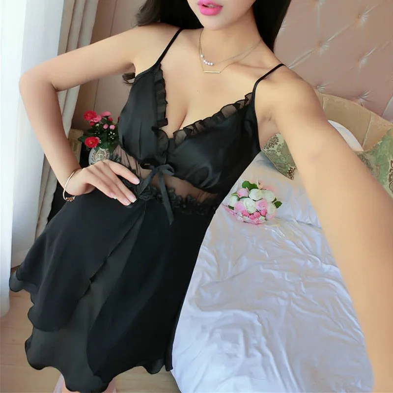 VenusFox Deep V Neck Satin Nightgown Sexy Lace Sleepwear
