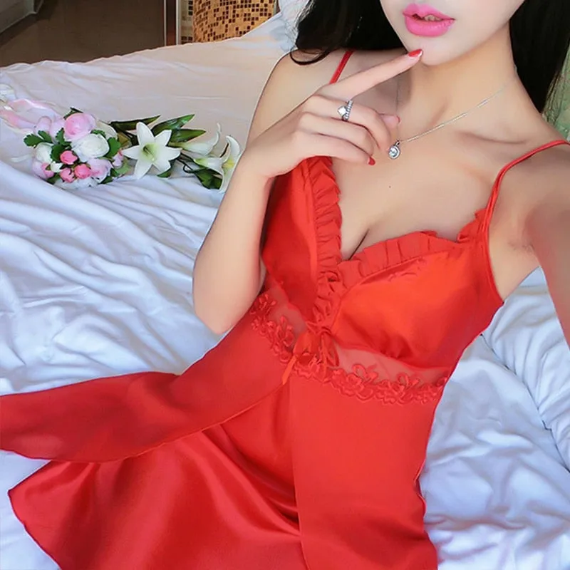 VenusFox Deep V Neck Satin Nightgown Sexy Lace Sleepwear