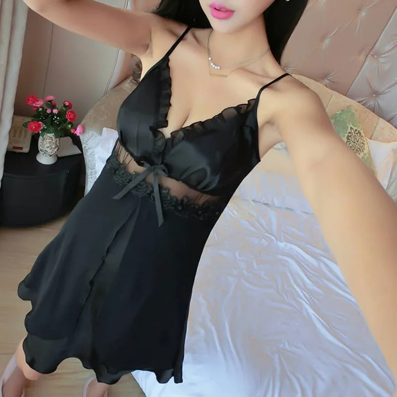 VenusFox Deep V Neck Satin Nightgown Sexy Lace Sleepwear