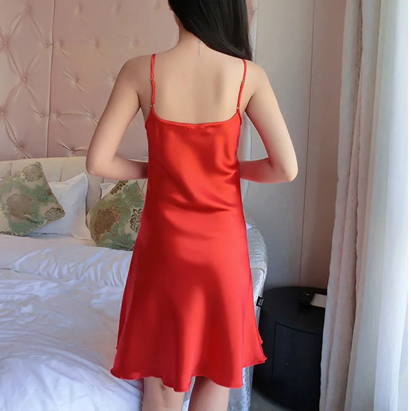 VenusFox Deep V Neck Satin Nightgown Sexy Lace Sleepwear
