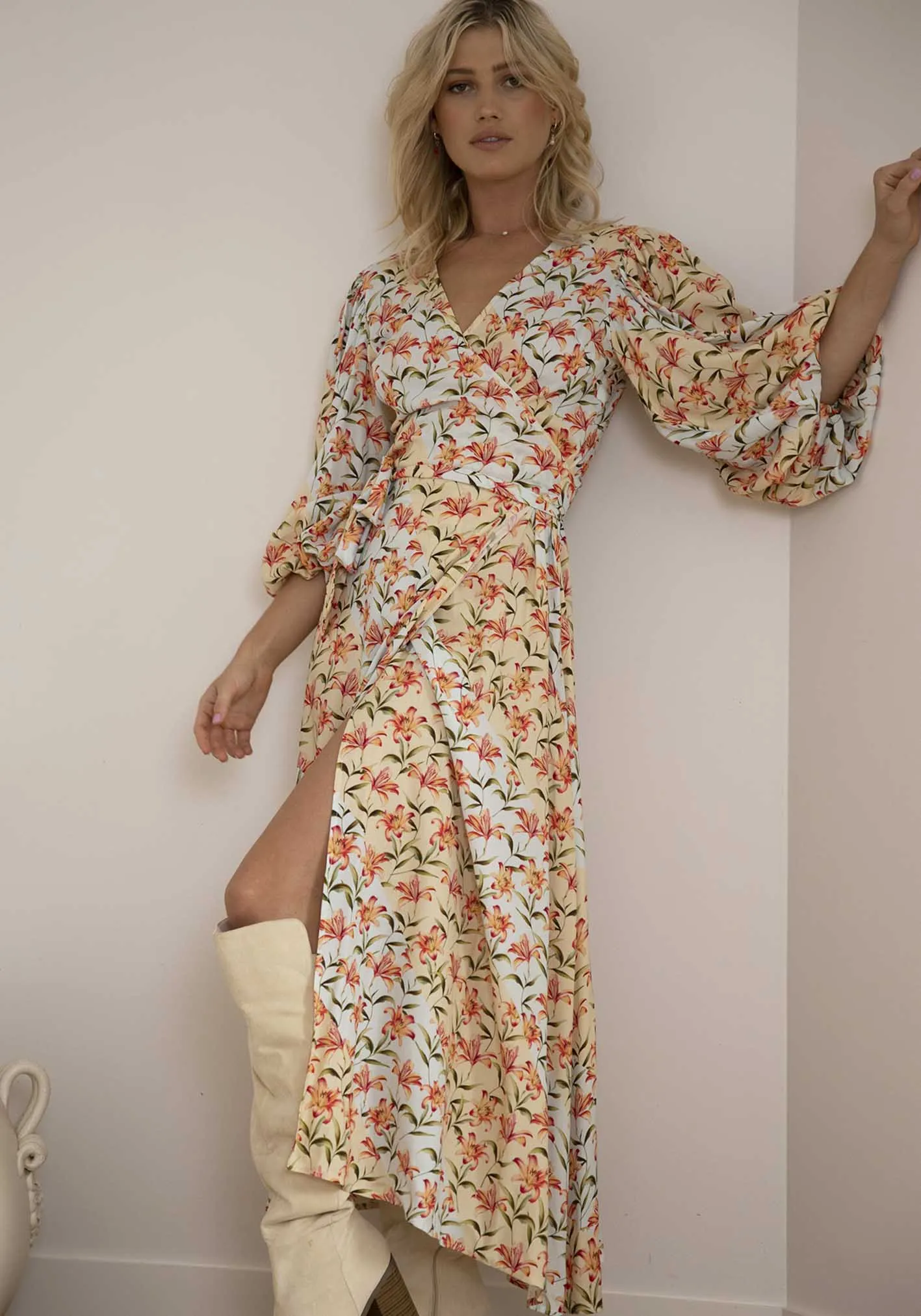 Waterlily Spliced Floral Maxi Wrap Dress