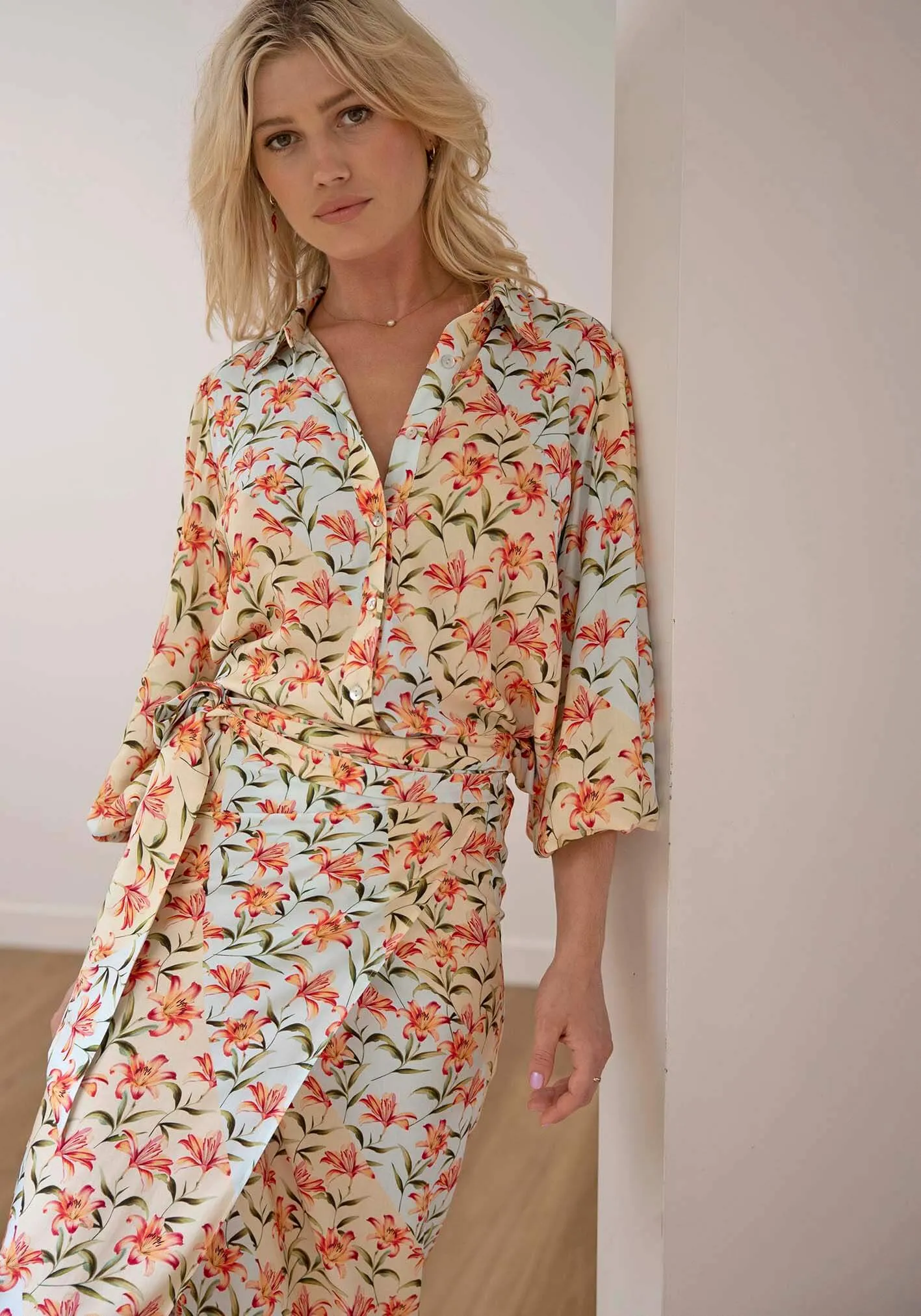 Waterlily Spliced Floral midi wrap skirt   blouse