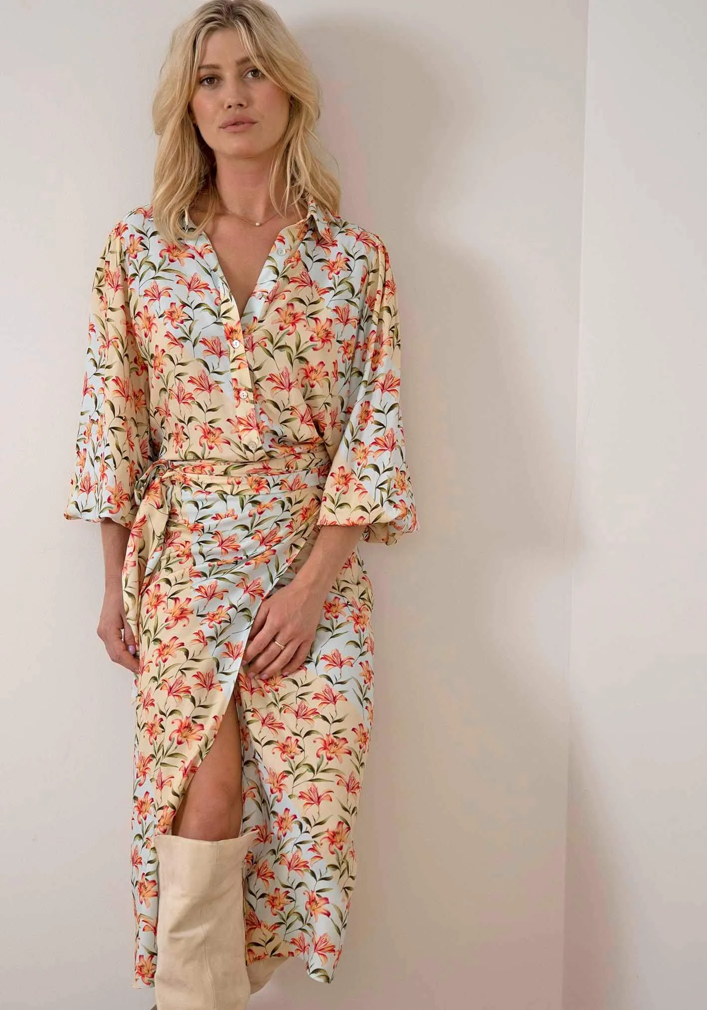 Waterlily Spliced Floral midi wrap skirt   blouse