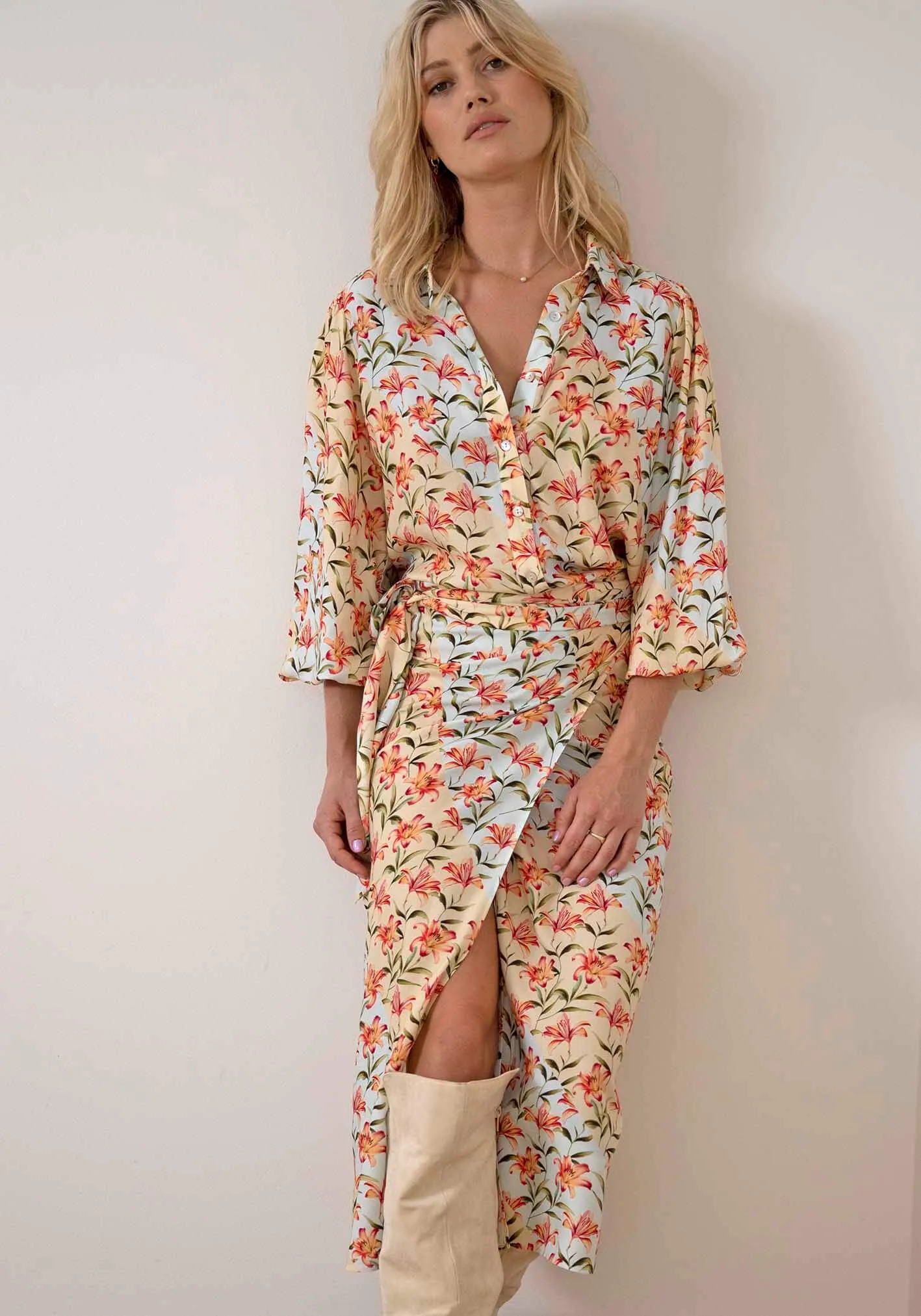 Waterlily Spliced Floral midi wrap skirt   blouse
