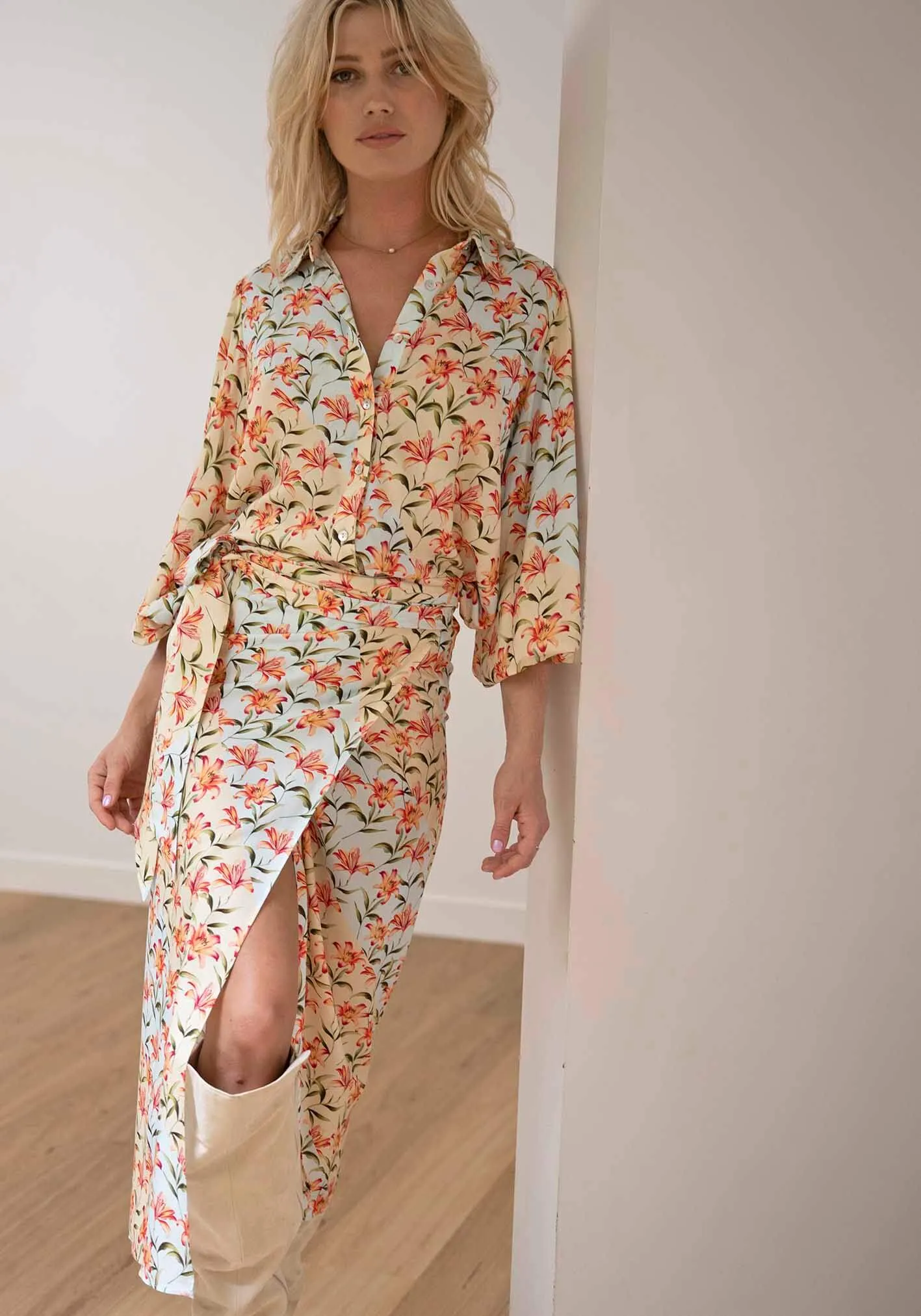 Waterlily Spliced Floral midi wrap skirt   blouse