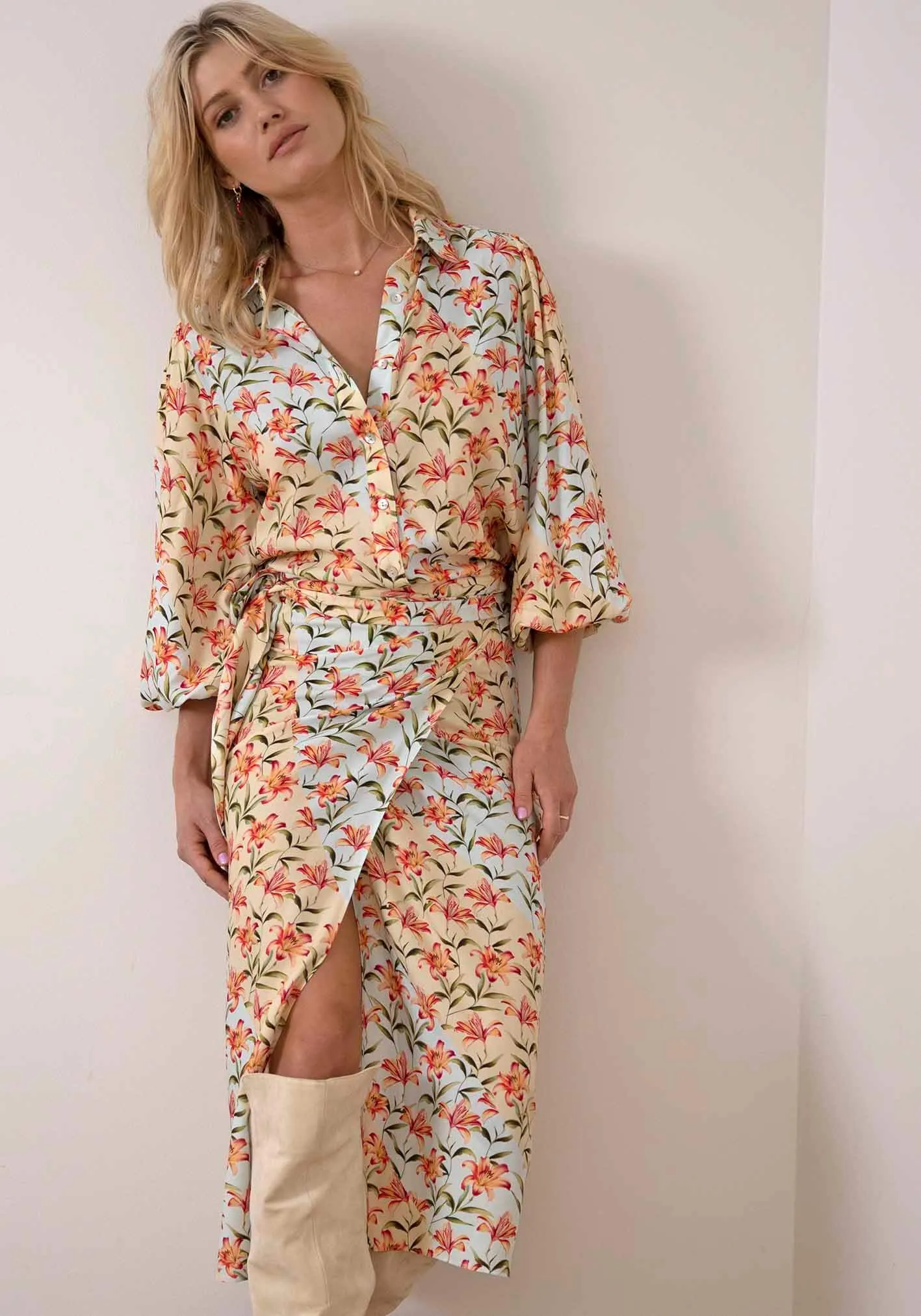 Waterlily Spliced Floral midi wrap skirt   blouse