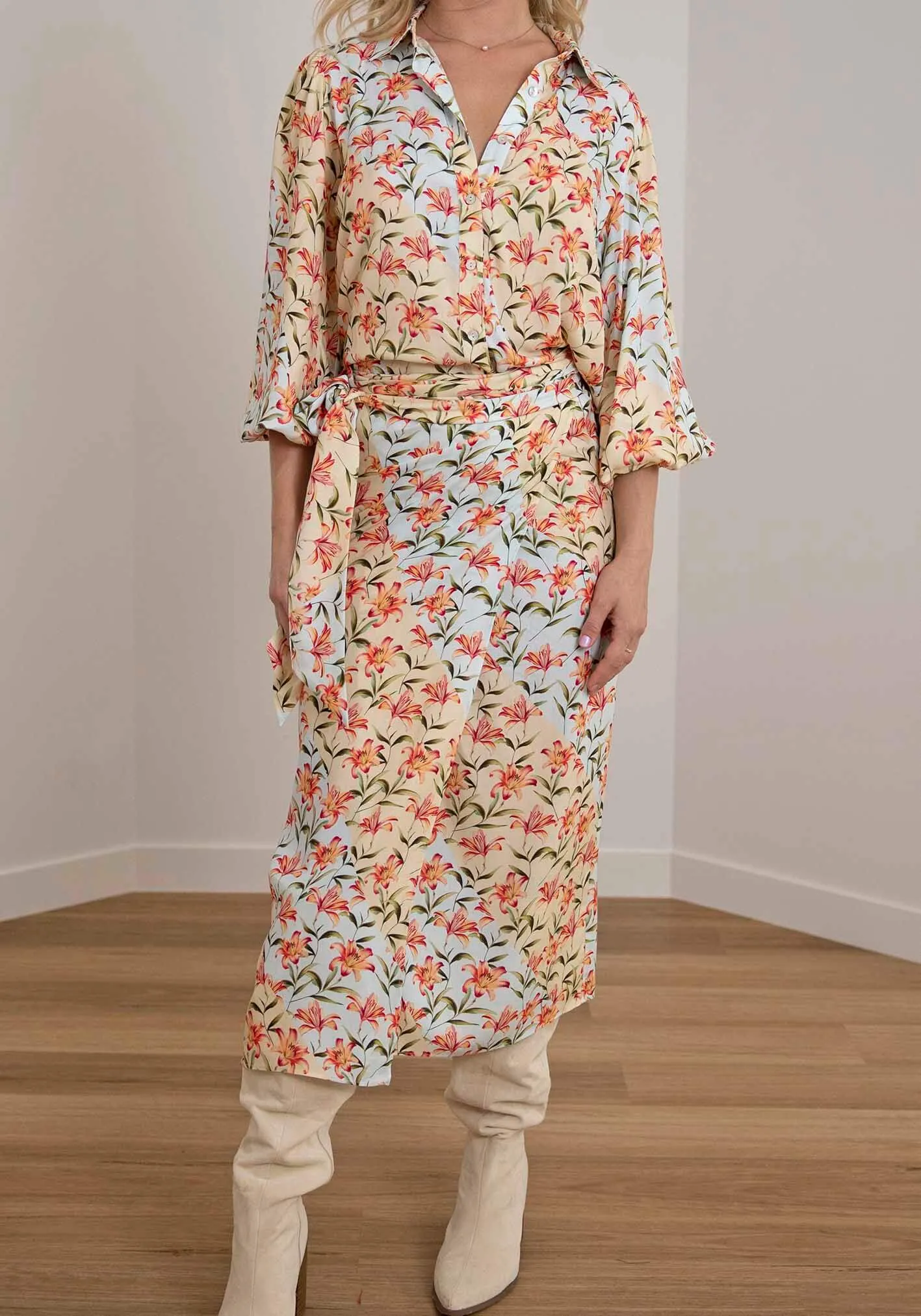 Waterlily Spliced Floral midi wrap skirt   blouse