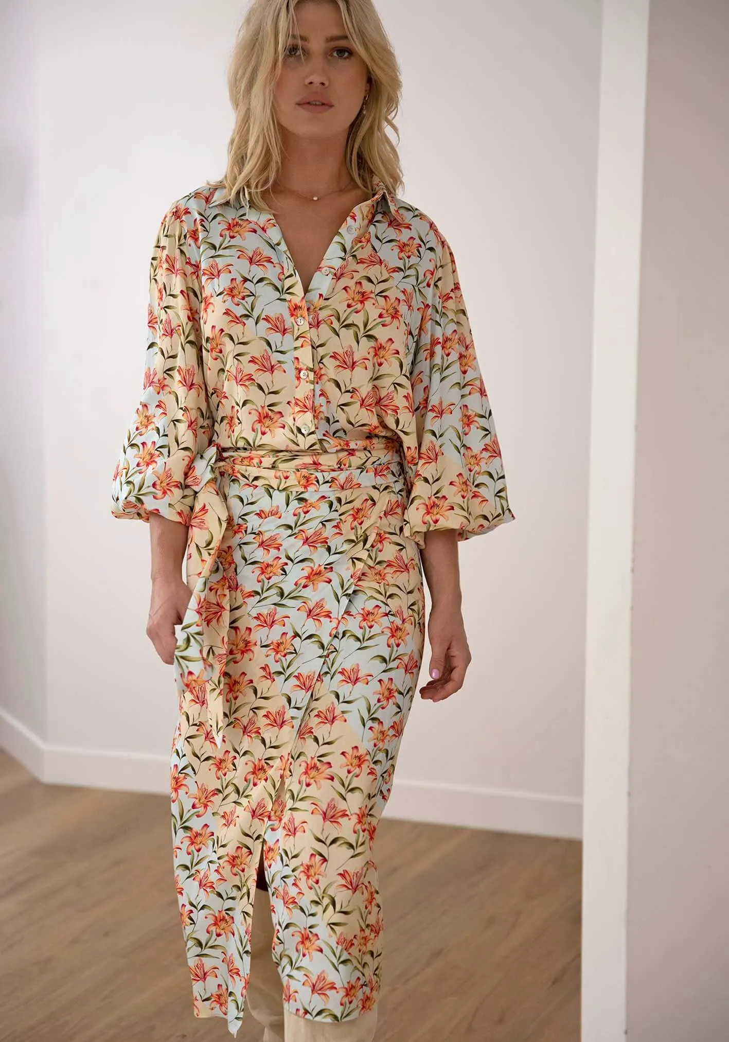 Waterlily Spliced Floral midi wrap skirt   blouse