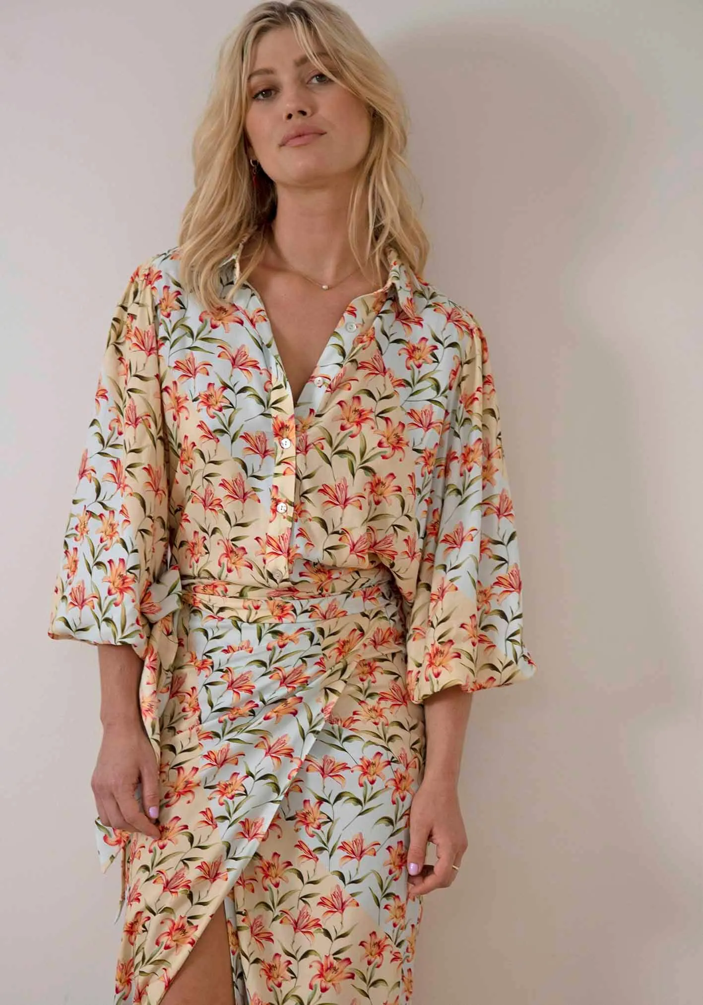 Waterlily Spliced Floral midi wrap skirt   blouse