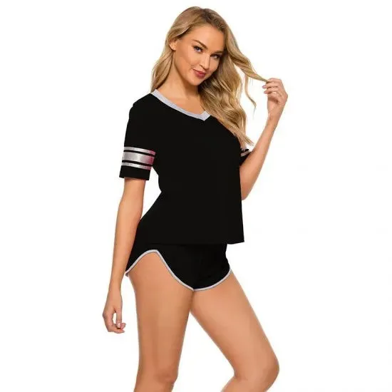 Women S Black Striped Cotton Jersey Nightsuit. Sm-800
