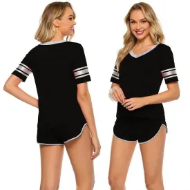 Women S Black Striped Cotton Jersey Nightsuit. Sm-800