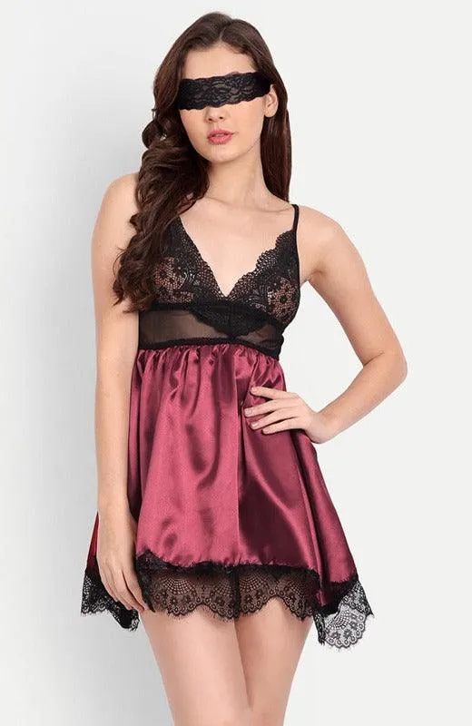 Women Satin Lace Babydoll Lingerie with G-String Panty & Eye Mask Pack of 2