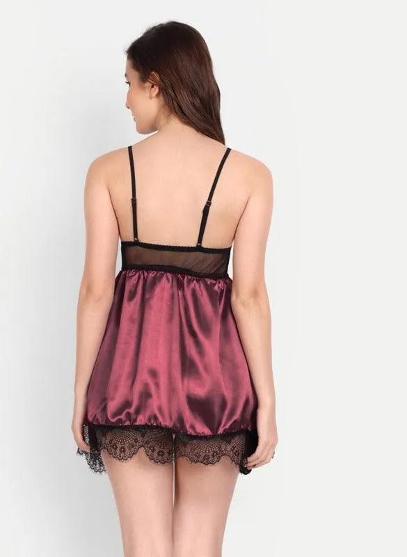 Women Satin Lace Babydoll Lingerie with G-String Panty & Eye Mask Pack of 2