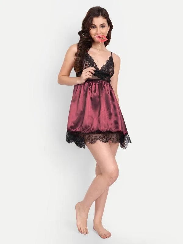 Women Satin Lace Babydoll Lingerie with G-String Panty & Eye Mask Pack of 2