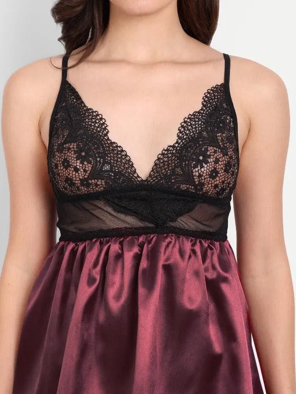 Women Satin Lace Babydoll Lingerie with G-String Panty & Eye Mask Pack of 2