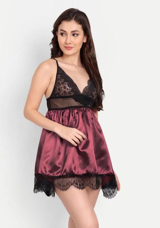 Women Satin Lace Babydoll Lingerie with G-String Panty & Eye Mask Pack of 2