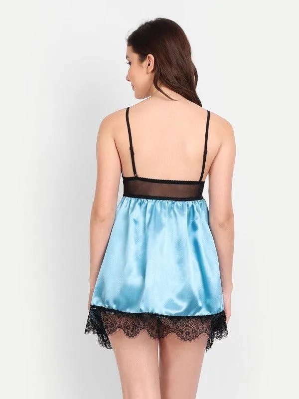 Women Satin Lace Babydoll Lingerie with G-String Panty & Eye Mask Pack of 2