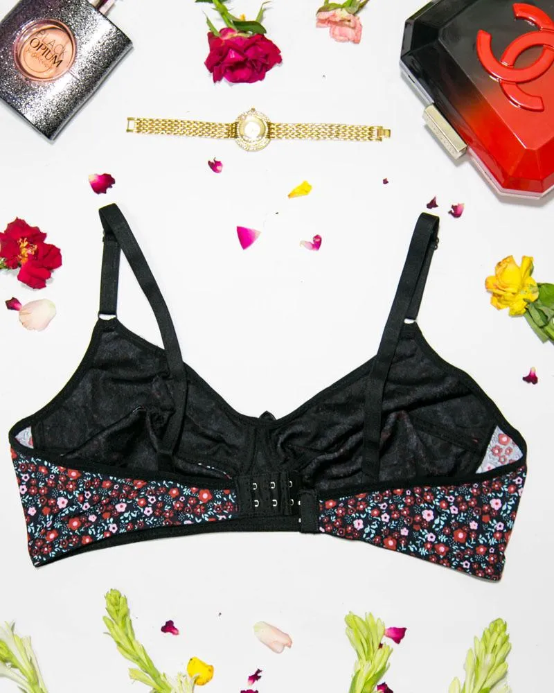 Women's Cotton Flower Print Black Bra - Non Padded Bra - 698
