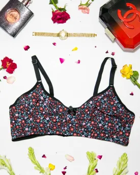 Women's Cotton Flower Print Black Bra - Non Padded Bra - 698