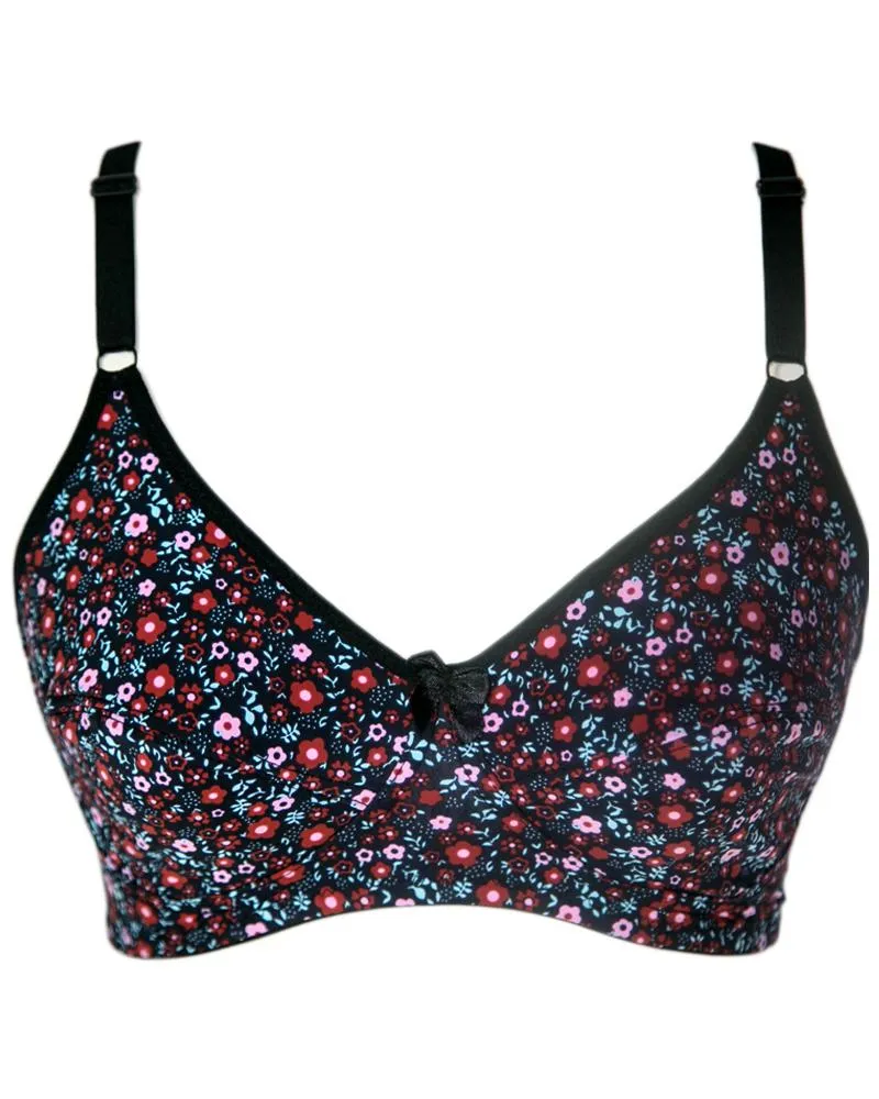 Women's Cotton Flower Print Black Bra - Non Padded Bra - 698
